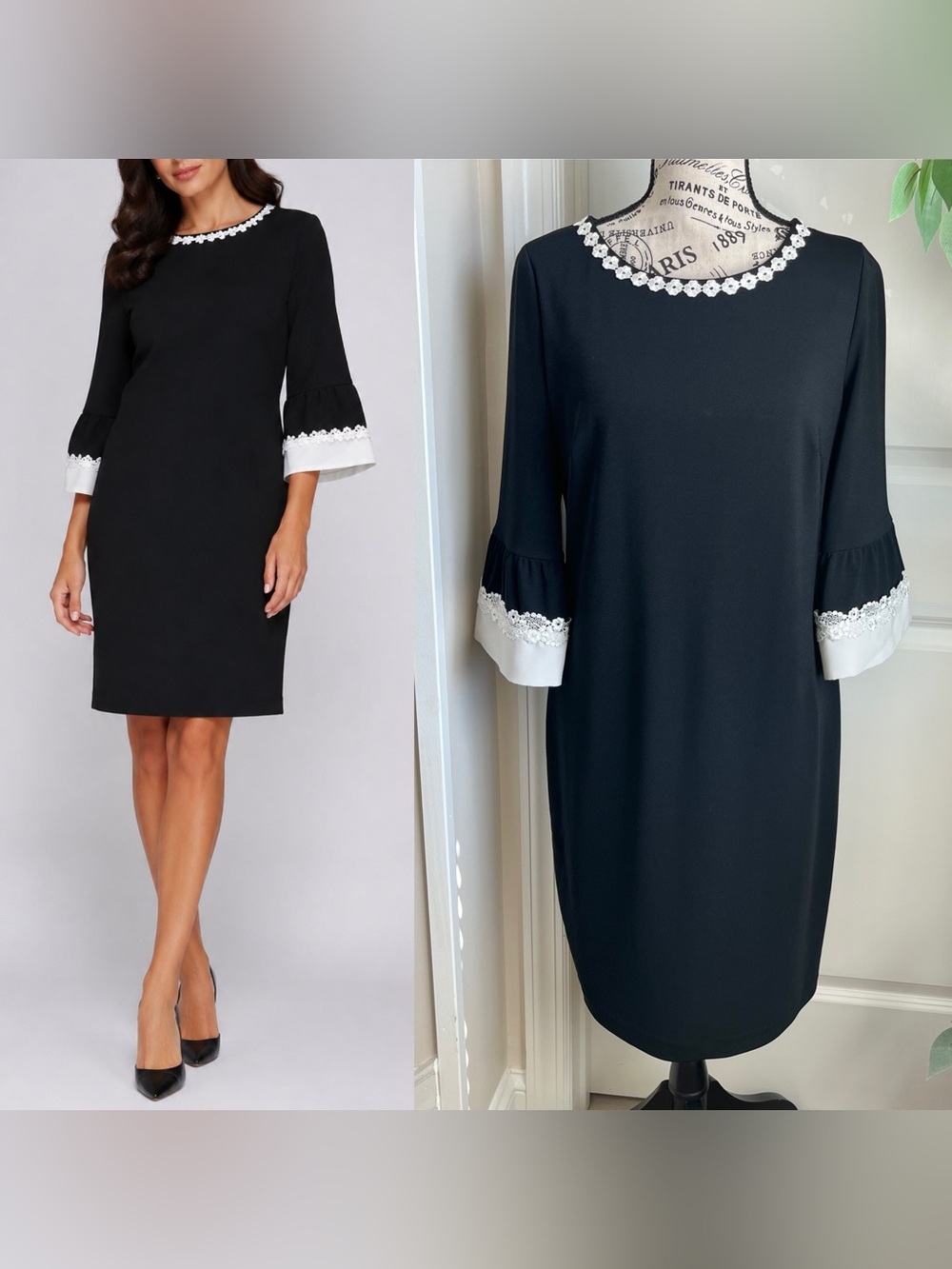 Karl Lagerfeld Paris Floral Lace Trim Bell Sleeve Shift Dress Black Sz M
